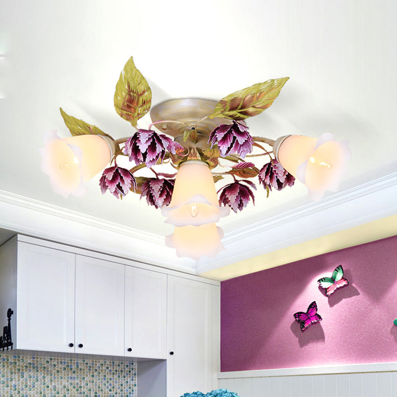 1/4 Bulbs Flared Ceiling Light Pastoral White Metal Flower Semi Flush Mount Lighting for Dining Room Clearhalo 'Ceiling Lights' 'Close To Ceiling Lights' 'Close to ceiling' 'Semi-flushmount' Lighting' 519590