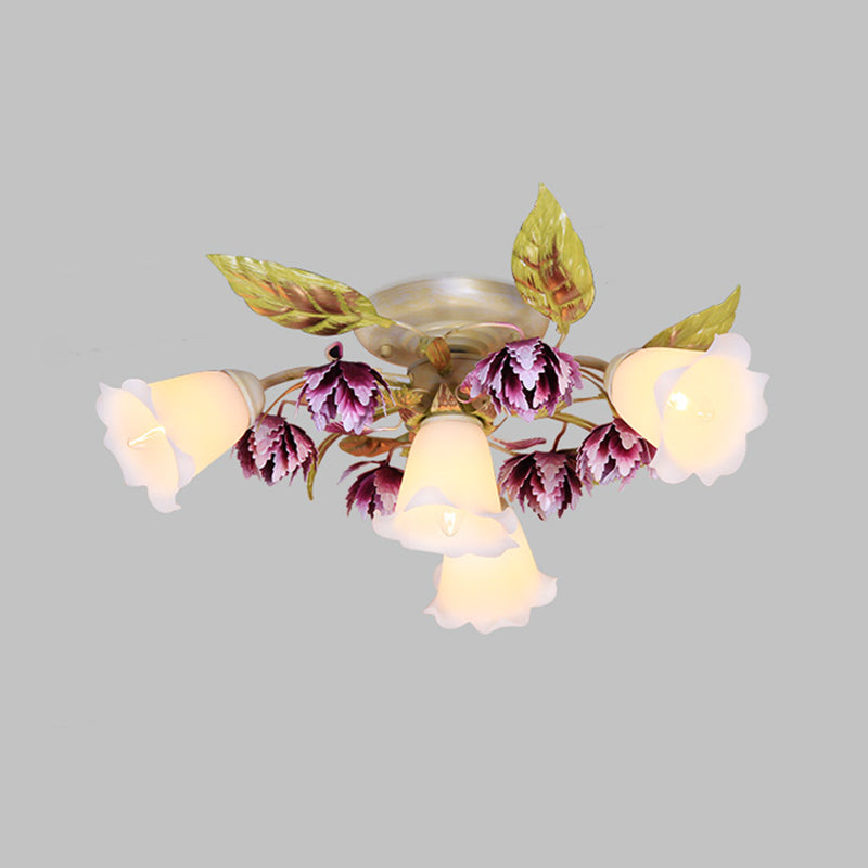 1/4 Bulbs Flared Ceiling Light Pastoral White Metal Flower Semi Flush Mount Lighting for Dining Room Clearhalo 'Ceiling Lights' 'Close To Ceiling Lights' 'Close to ceiling' 'Semi-flushmount' Lighting' 519592