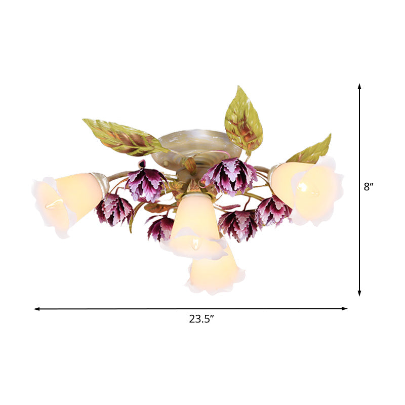 1/4 Bulbs Flared Ceiling Light Pastoral White Metal Flower Semi Flush Mount Lighting for Dining Room Clearhalo 'Ceiling Lights' 'Close To Ceiling Lights' 'Close to ceiling' 'Semi-flushmount' Lighting' 519593