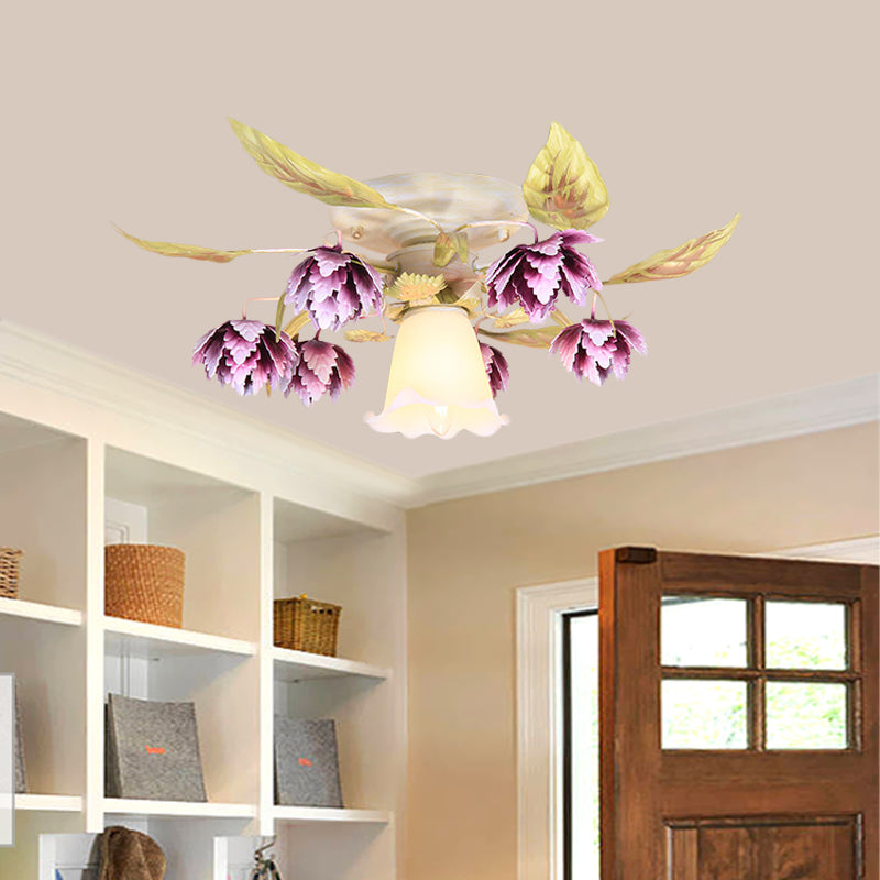 1/4 Bulbs Flared Ceiling Light Pastoral White Metal Flower Semi Flush Mount Lighting for Dining Room Clearhalo 'Ceiling Lights' 'Close To Ceiling Lights' 'Close to ceiling' 'Semi-flushmount' Lighting' 519595