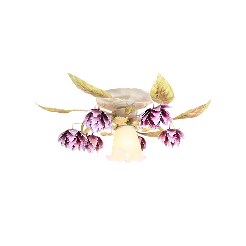 1/4 Bulbs Flared Ceiling Light Pastoral White Metal Flower Semi Flush Mount Lighting for Dining Room Clearhalo 'Ceiling Lights' 'Close To Ceiling Lights' 'Close to ceiling' 'Semi-flushmount' Lighting' 519596