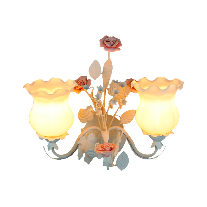 Curvy Arm Bedroom Sconce Light Pastoral Metal 2 Heads Yellow/Pink/Blue Flower Wall Lighting Fixture Clearhalo 'Wall Lamps & Sconces' 'Wall Lights' Lighting' 519623