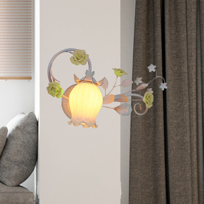 Metal Floral Wall Lamp Sconce Pastoral 1-Light Living Room Wall Light Fixture in Yellow/Pink/Blue Clearhalo 'Wall Lamps & Sconces' 'Wall Lights' Lighting' 519638