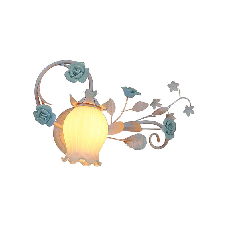 Metal Floral Wall Lamp Sconce Pastoral 1-Light Living Room Wall Light Fixture in Yellow/Pink/Blue Clearhalo 'Wall Lamps & Sconces' 'Wall Lights' Lighting' 519645