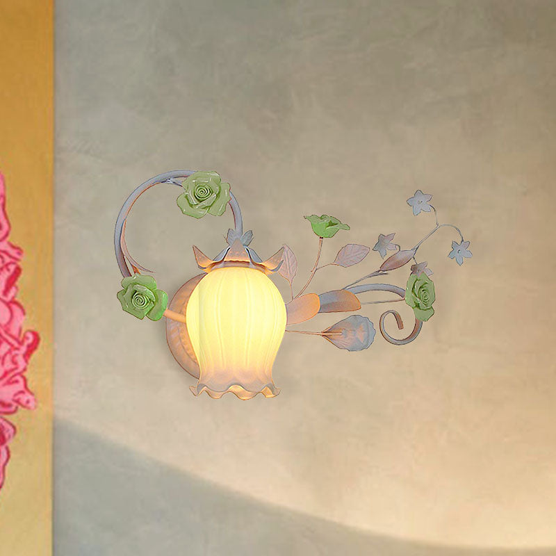 Metal Floral Wall Lamp Sconce Pastoral 1-Light Living Room Wall Light Fixture in Yellow/Pink/Blue Clearhalo 'Wall Lamps & Sconces' 'Wall Lights' Lighting' 519647