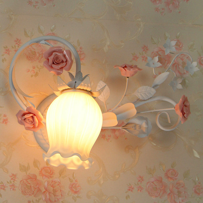 Metal Floral Wall Lamp Sconce Pastoral 1-Light Living Room Wall Light Fixture in Yellow/Pink/Blue Pink Clearhalo 'Wall Lamps & Sconces' 'Wall Lights' Lighting' 519649