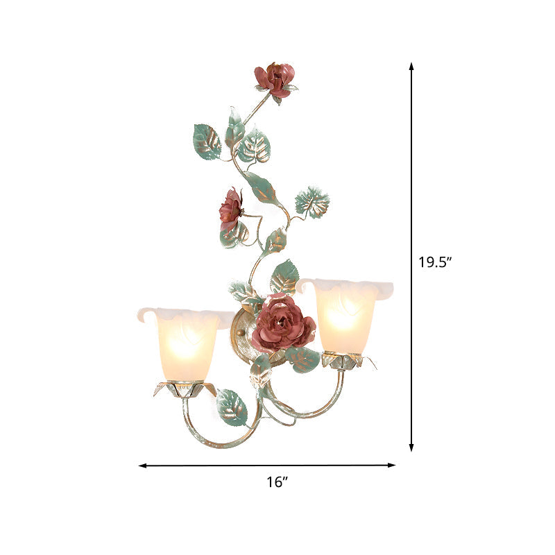 Flared Bedroom Wall Light Sconce Countryside Opal White Glass 1/2 Heads Green Flower Wall Lighting Fixture Clearhalo 'Wall Lamps & Sconces' 'Wall Lights' Lighting' 519691