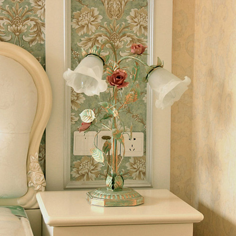 Flared Bedroom Night Table Light Pastoral Metal 1/2 Lights Green Nightstand Lamp with Flower Decoration Clearhalo 'Lamps' 'Table Lamps' Lighting' 519785