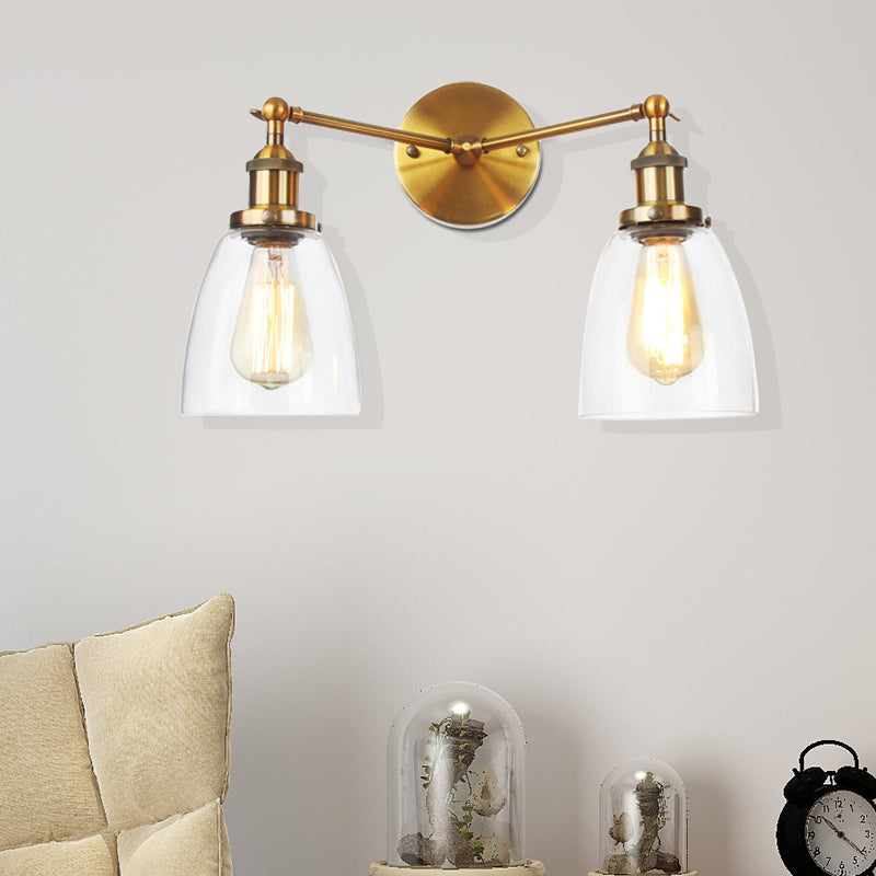 Tapered Clear Glass Wall Lamp Industrial 2 Lights Indoor Sconce Lighting Fixture in Black/Bronze/Brass Clearhalo 'Art deco wall lights' 'Cast Iron' 'Glass' 'Industrial wall lights' 'Industrial' 'Middle century wall lights' 'Modern' 'Rustic wall lights' 'Tiffany' 'Traditional wall lights' 'Wall Lamps & Sconces' 'Wall Lights' Lighting' 520029