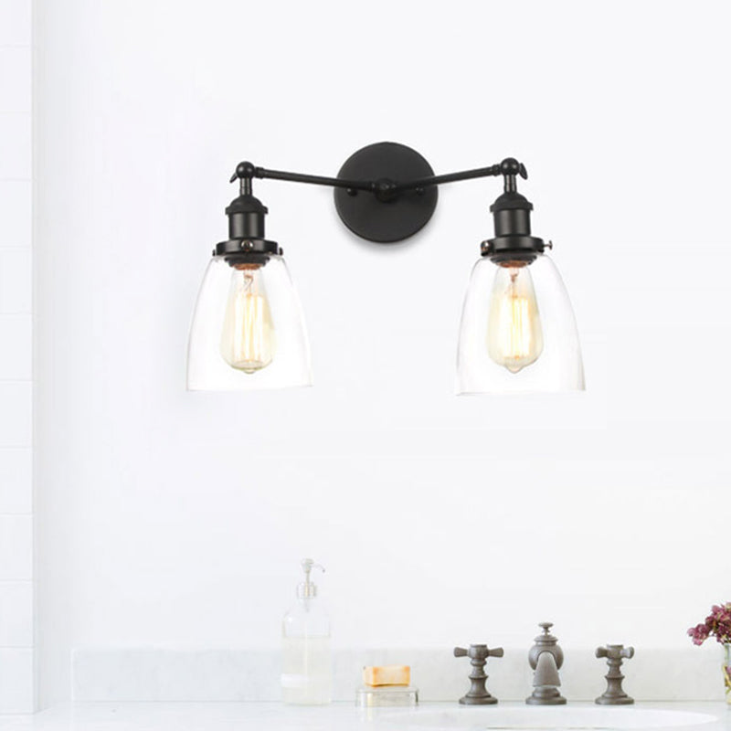 Tapered Clear Glass Wall Lamp Industrial 2 Lights Indoor Sconce Lighting Fixture in Black/Bronze/Brass Clearhalo 'Art deco wall lights' 'Cast Iron' 'Glass' 'Industrial wall lights' 'Industrial' 'Middle century wall lights' 'Modern' 'Rustic wall lights' 'Tiffany' 'Traditional wall lights' 'Wall Lamps & Sconces' 'Wall Lights' Lighting' 520031