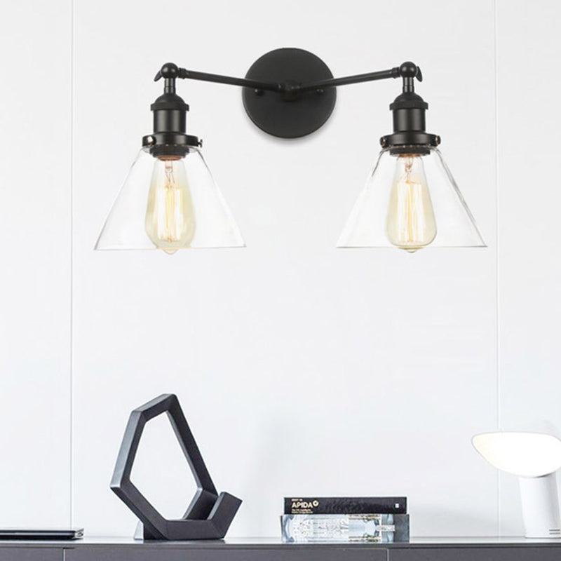 Clear Glass Conical Wall Mount Light Vintage 2 Lights Living Room Sconce Fixture in Black/Brass/Bronze Clearhalo 'Art deco wall lights' 'Cast Iron' 'Glass' 'Industrial wall lights' 'Industrial' 'Middle century wall lights' 'Modern' 'Rustic wall lights' 'Tiffany' 'Traditional wall lights' 'Wall Lamps & Sconces' 'Wall Lights' Lighting' 520055