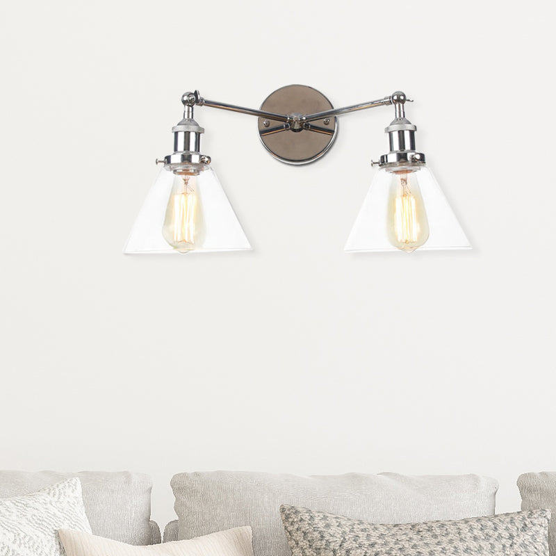 Clear Glass Conical Wall Mount Light Vintage 2 Lights Living Room Sconce Fixture in Black/Brass/Bronze Clearhalo 'Art deco wall lights' 'Cast Iron' 'Glass' 'Industrial wall lights' 'Industrial' 'Middle century wall lights' 'Modern' 'Rustic wall lights' 'Tiffany' 'Traditional wall lights' 'Wall Lamps & Sconces' 'Wall Lights' Lighting' 520058