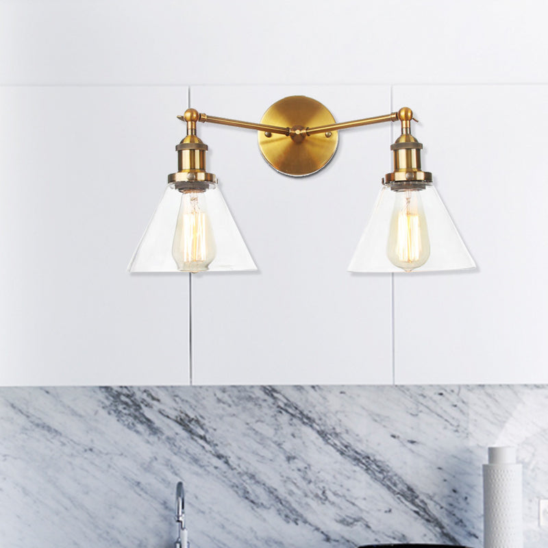 Clear Glass Conical Wall Mount Light Vintage 2 Lights Living Room Sconce Fixture in Black/Brass/Bronze Clearhalo 'Art deco wall lights' 'Cast Iron' 'Glass' 'Industrial wall lights' 'Industrial' 'Middle century wall lights' 'Modern' 'Rustic wall lights' 'Tiffany' 'Traditional wall lights' 'Wall Lamps & Sconces' 'Wall Lights' Lighting' 520064