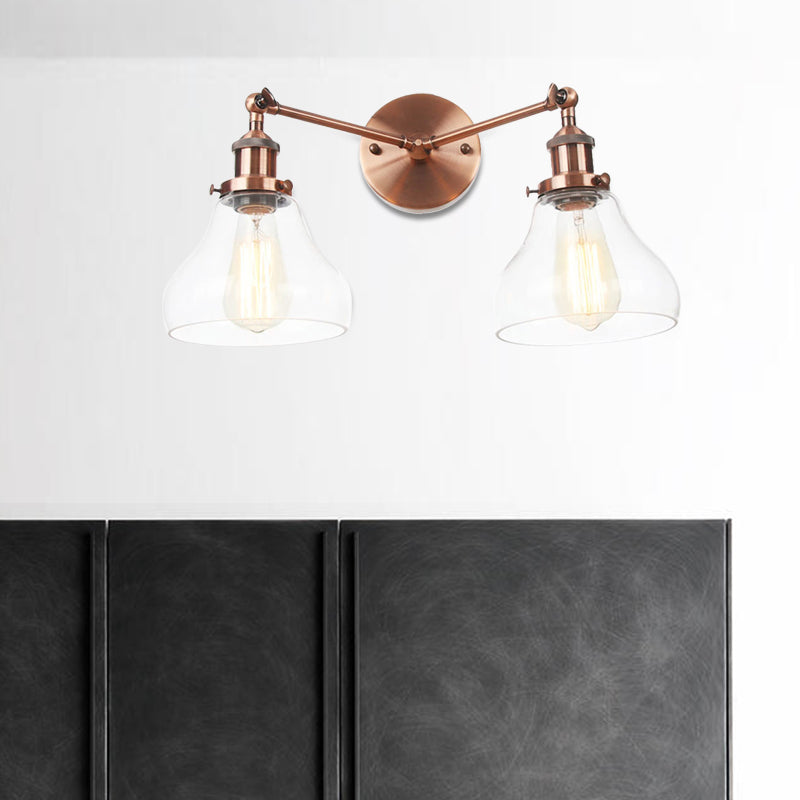 Clear Glass Black/Brass/Bronze Wall Lighting Pear Shaped 2 Lights Industrial Style Sconce Lamp Copper Clearhalo 'Art deco wall lights' 'Cast Iron' 'Glass' 'Industrial wall lights' 'Industrial' 'Middle century wall lights' 'Modern' 'Rustic wall lights' 'Tiffany' 'Traditional wall lights' 'Wall Lamps & Sconces' 'Wall Lights' Lighting' 520077