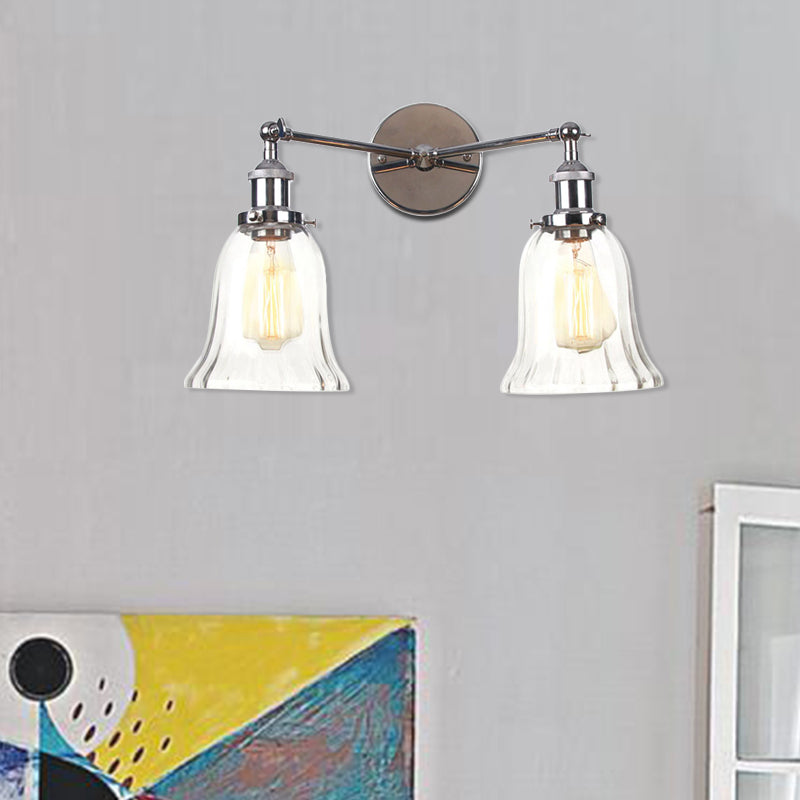 2 Lights Indoor Wall Lighting Industrial Style Black/Chrome/Bronze Sconce with Bell Clear Glass Shade Chrome Clearhalo 'Art deco wall lights' 'Cast Iron' 'Glass' 'Industrial wall lights' 'Industrial' 'Middle century wall lights' 'Modern' 'Rustic wall lights' 'Tiffany' 'Traditional wall lights' 'Wall Lamps & Sconces' 'Wall Lights' Lighting' 520121