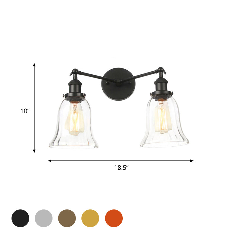 2 Lights Indoor Wall Lighting Industrial Style Black/Chrome/Bronze Sconce with Bell Clear Glass Shade Clearhalo 'Art deco wall lights' 'Cast Iron' 'Glass' 'Industrial wall lights' 'Industrial' 'Middle century wall lights' 'Modern' 'Rustic wall lights' 'Tiffany' 'Traditional wall lights' 'Wall Lamps & Sconces' 'Wall Lights' Lighting' 520125