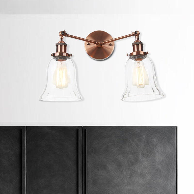 2 Lights Indoor Wall Lighting Industrial Style Black/Chrome/Bronze Sconce with Bell Clear Glass Shade Clearhalo 'Art deco wall lights' 'Cast Iron' 'Glass' 'Industrial wall lights' 'Industrial' 'Middle century wall lights' 'Modern' 'Rustic wall lights' 'Tiffany' 'Traditional wall lights' 'Wall Lamps & Sconces' 'Wall Lights' Lighting' 520127