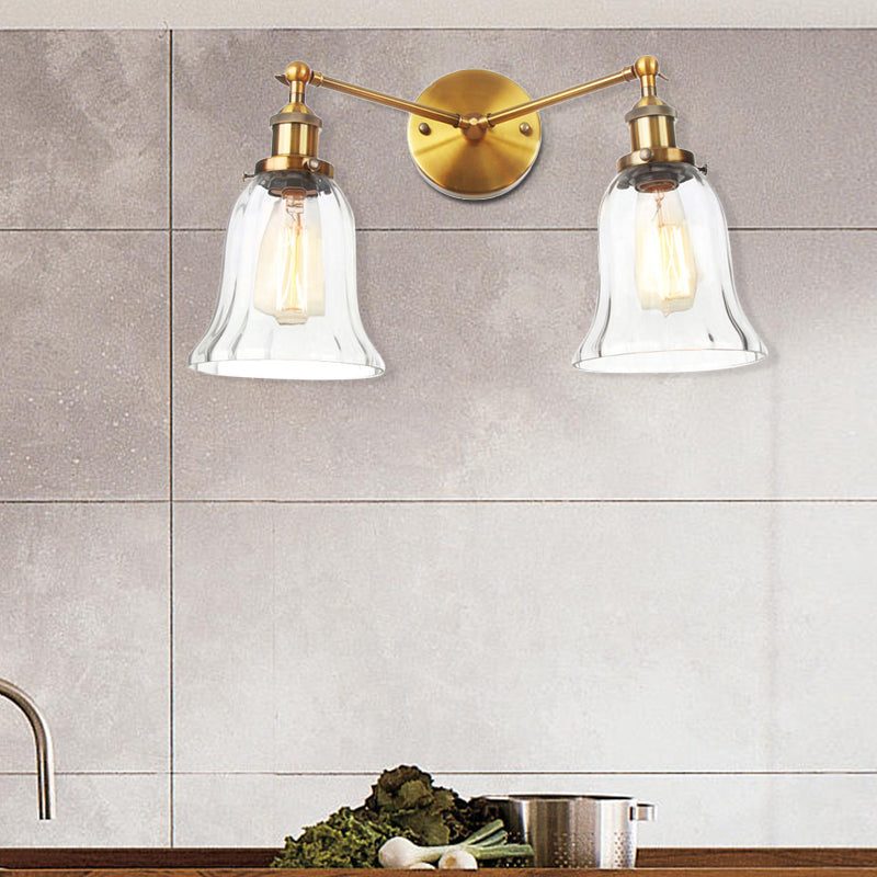 2 Lights Indoor Wall Lighting Industrial Style Black/Chrome/Bronze Sconce with Bell Clear Glass Shade Clearhalo 'Art deco wall lights' 'Cast Iron' 'Glass' 'Industrial wall lights' 'Industrial' 'Middle century wall lights' 'Modern' 'Rustic wall lights' 'Tiffany' 'Traditional wall lights' 'Wall Lamps & Sconces' 'Wall Lights' Lighting' 520128