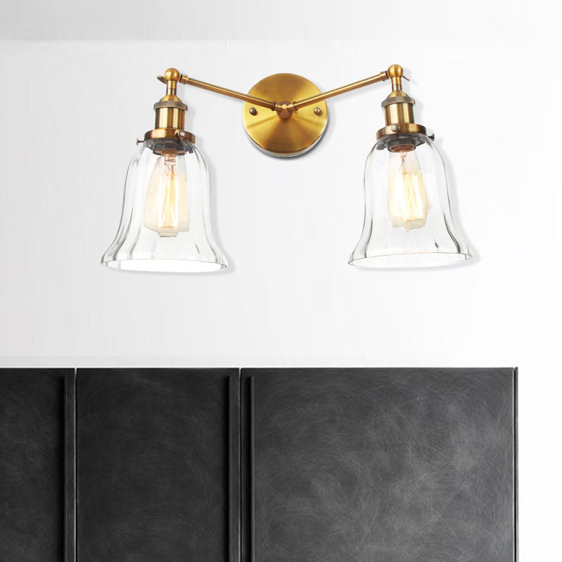 2 Lights Indoor Wall Lighting Industrial Style Black/Chrome/Bronze Sconce with Bell Clear Glass Shade Clearhalo 'Art deco wall lights' 'Cast Iron' 'Glass' 'Industrial wall lights' 'Industrial' 'Middle century wall lights' 'Modern' 'Rustic wall lights' 'Tiffany' 'Traditional wall lights' 'Wall Lamps & Sconces' 'Wall Lights' Lighting' 520129