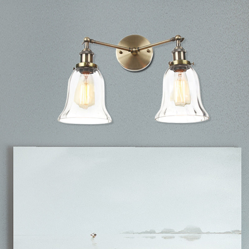2 Lights Indoor Wall Lighting Industrial Style Black/Chrome/Bronze Sconce with Bell Clear Glass Shade Bronze Clearhalo 'Art deco wall lights' 'Cast Iron' 'Glass' 'Industrial wall lights' 'Industrial' 'Middle century wall lights' 'Modern' 'Rustic wall lights' 'Tiffany' 'Traditional wall lights' 'Wall Lamps & Sconces' 'Wall Lights' Lighting' 520130