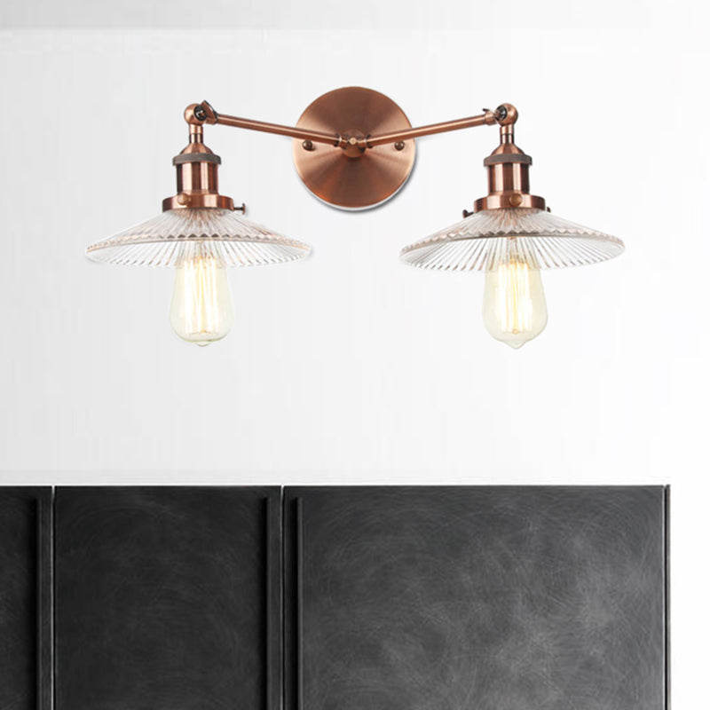 Saucer Clear Ribbed Glass Wall Sconce Light Warehouse 2 Lights Indoor Lighting Fixture in Bronze/Brass/Chrome Copper Clearhalo 'Art deco wall lights' 'Cast Iron' 'Glass' 'Industrial wall lights' 'Industrial' 'Middle century wall lights' 'Modern' 'Rustic wall lights' 'Tiffany' 'Traditional wall lights' 'Wall Lamps & Sconces' 'Wall Lights' Lighting' 520146