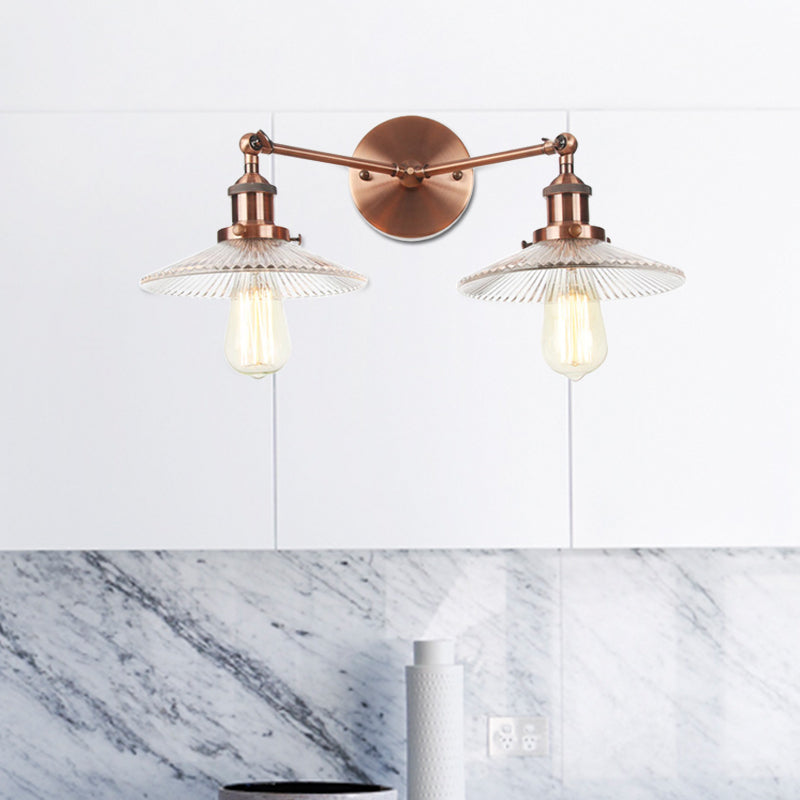 Saucer Clear Ribbed Glass Wall Sconce Light Warehouse 2 Lights Indoor Lighting Fixture in Bronze/Brass/Chrome Clearhalo 'Art deco wall lights' 'Cast Iron' 'Glass' 'Industrial wall lights' 'Industrial' 'Middle century wall lights' 'Modern' 'Rustic wall lights' 'Tiffany' 'Traditional wall lights' 'Wall Lamps & Sconces' 'Wall Lights' Lighting' 520147