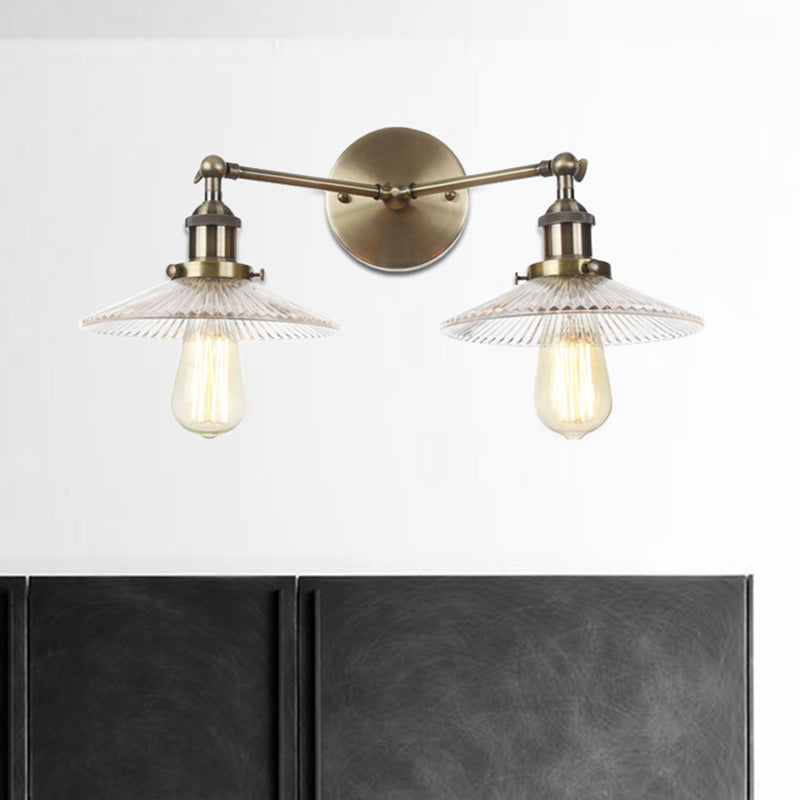 Saucer Clear Ribbed Glass Wall Sconce Light Warehouse 2 Lights Indoor Lighting Fixture in Bronze/Brass/Chrome Clearhalo 'Art deco wall lights' 'Cast Iron' 'Glass' 'Industrial wall lights' 'Industrial' 'Middle century wall lights' 'Modern' 'Rustic wall lights' 'Tiffany' 'Traditional wall lights' 'Wall Lamps & Sconces' 'Wall Lights' Lighting' 520152