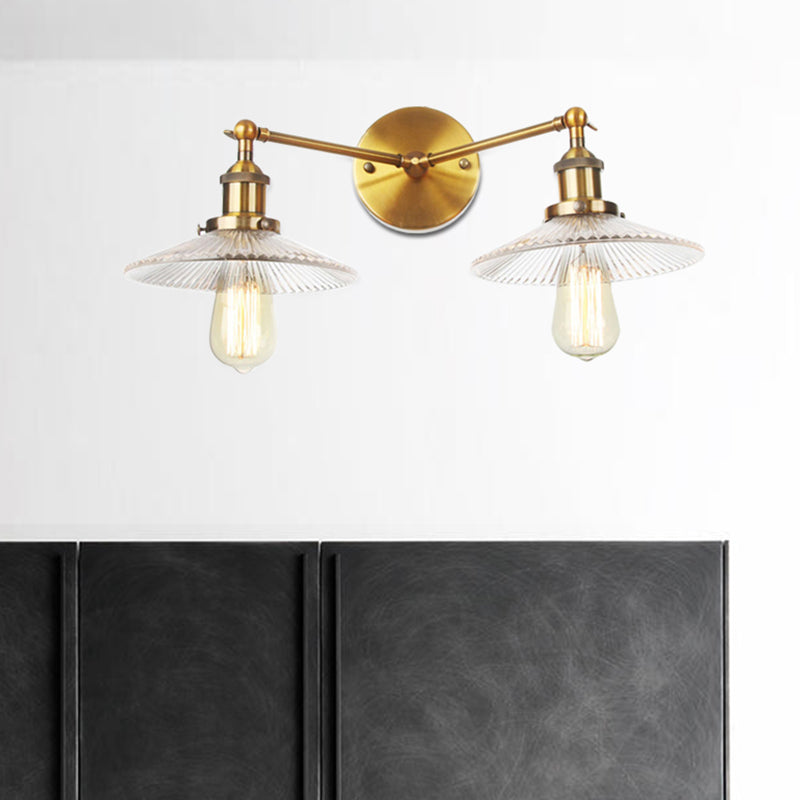 Saucer Clear Ribbed Glass Wall Sconce Light Warehouse 2 Lights Indoor Lighting Fixture in Bronze/Brass/Chrome Clearhalo 'Art deco wall lights' 'Cast Iron' 'Glass' 'Industrial wall lights' 'Industrial' 'Middle century wall lights' 'Modern' 'Rustic wall lights' 'Tiffany' 'Traditional wall lights' 'Wall Lamps & Sconces' 'Wall Lights' Lighting' 520154