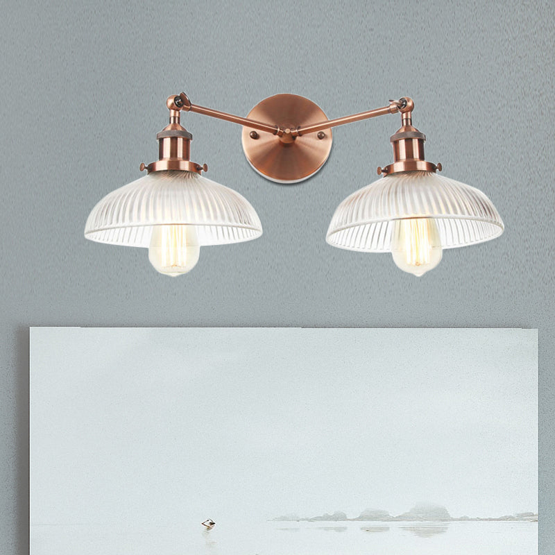 Domed Living Room Wall Light Industrial Clear Ribbed Glass 2 Lights Bronze/Brass/Copper Sconce Lamp Copper Clearhalo 'Art deco wall lights' 'Cast Iron' 'Glass' 'Industrial wall lights' 'Industrial' 'Middle century wall lights' 'Modern' 'Rustic wall lights' 'Tiffany' 'Traditional wall lights' 'Wall Lamps & Sconces' 'Wall Lights' Lighting' 520207