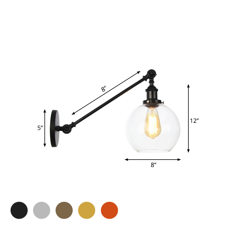 Clear Glass Globe Wall Lighting Farmhouse 1 Light Living Room Light Fixture in Black/Brass/Bronze with Arm, 8"/12" L Clearhalo 'Art deco wall lights' 'Cast Iron' 'Glass' 'Industrial wall lights' 'Industrial' 'Middle century wall lights' 'Modern' 'Rustic wall lights' 'Tiffany' 'Traditional wall lights' 'Wall Lamps & Sconces' 'Wall Lights' Lighting' 520258