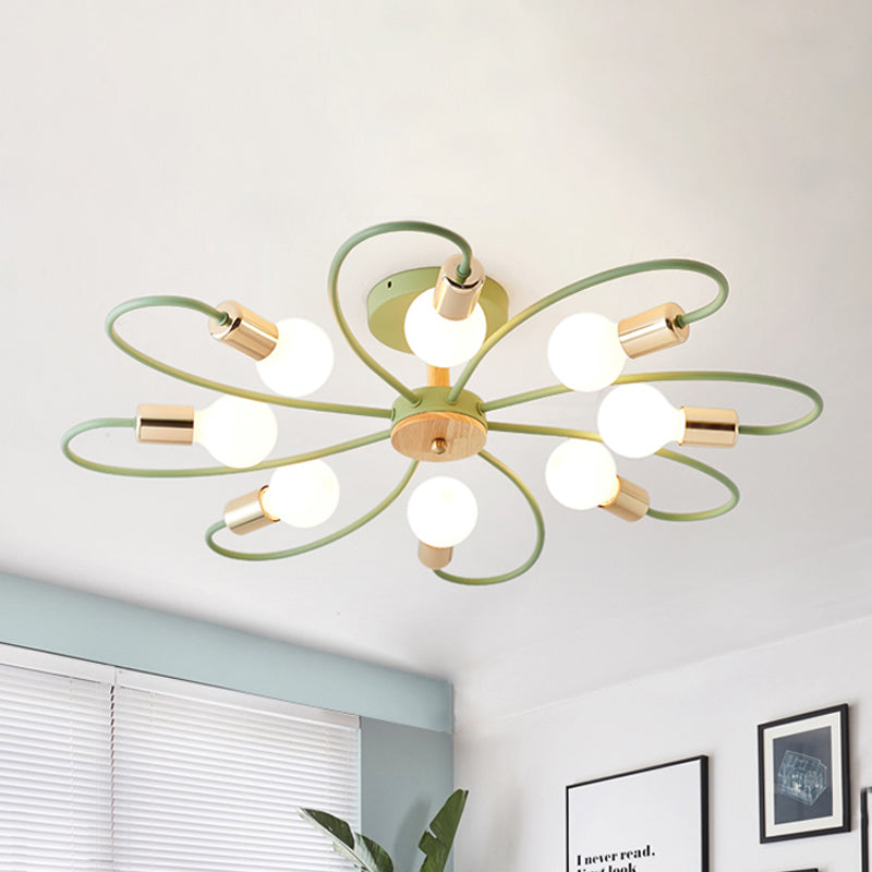 Green Blossom Flush Light Fixture Macaron 8 Bulbs Metallic Semi Ceiling Flush Mount Lamp Clearhalo 'Ceiling Lights' 'Close To Ceiling Lights' 'Close to ceiling' 'Glass shade' 'Glass' 'Pendant Lights' 'Semi-flushmount' Lighting' 520524
