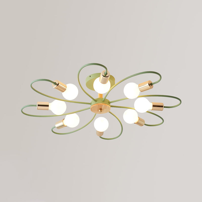 Green Blossom Flush Light Fixture Macaron 8 Bulbs Metallic Semi Ceiling Flush Mount Lamp Clearhalo 'Ceiling Lights' 'Close To Ceiling Lights' 'Close to ceiling' 'Glass shade' 'Glass' 'Pendant Lights' 'Semi-flushmount' Lighting' 520526