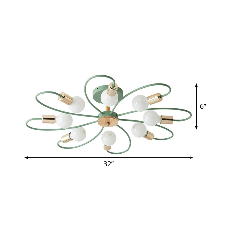 Green Blossom Flush Light Fixture Macaron 8 Bulbs Metallic Semi Ceiling Flush Mount Lamp Clearhalo 'Ceiling Lights' 'Close To Ceiling Lights' 'Close to ceiling' 'Glass shade' 'Glass' 'Pendant Lights' 'Semi-flushmount' Lighting' 520527