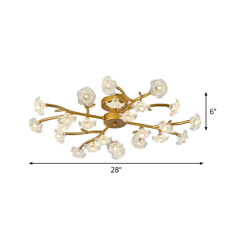 Floral Semi Flushmount Lighting Contemporary Metallic 24-Light Bedroom Flush Ceiling Lamp in Brass Clearhalo 'Ceiling Lights' 'Close To Ceiling Lights' 'Close to ceiling' 'Semi-flushmount' Lighting' 520535