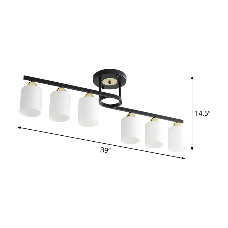 6-Light Living Room Semi Flushmount Modernism Black Ceiling Flush Mount with Cylinder Cream Glass Shade Clearhalo 'Ceiling Lights' 'Close To Ceiling Lights' 'Close to ceiling' 'Glass shade' 'Glass' 'Pendant Lights' 'Semi-flushmount' Lighting' 520639