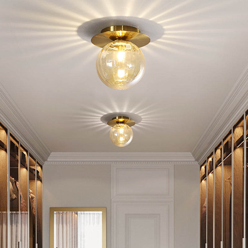 Globe Corridor Flushmount Lighting Smoked Water Glass 1-Head Gold Finish Flush Mount Ceiling Lamp Gold Clearhalo 'Ceiling Lights' 'Close To Ceiling Lights' 'Close to ceiling' 'Flush mount' Lighting' 520645