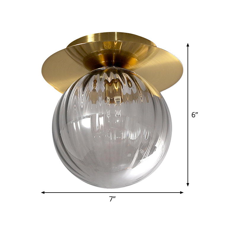 Globe Corridor Flushmount Lighting Smoked Water Glass 1-Head Gold Finish Flush Mount Ceiling Lamp Clearhalo 'Ceiling Lights' 'Close To Ceiling Lights' 'Close to ceiling' 'Flush mount' Lighting' 520649
