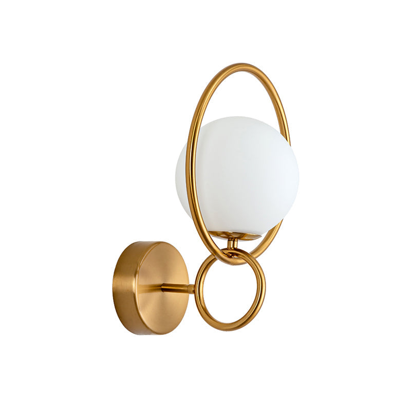Ring Iron Wall Mount Lighting Post Modern 1-Bulb Brass Finish Wall Lamp Sconce with Ball Opal Glass Shade Clearhalo 'Cast Iron' 'Glass' 'Industrial' 'Modern wall lights' 'Modern' 'Tiffany' 'Traditional wall lights' 'Wall Lamps & Sconces' 'Wall Lights' Lighting' 520728