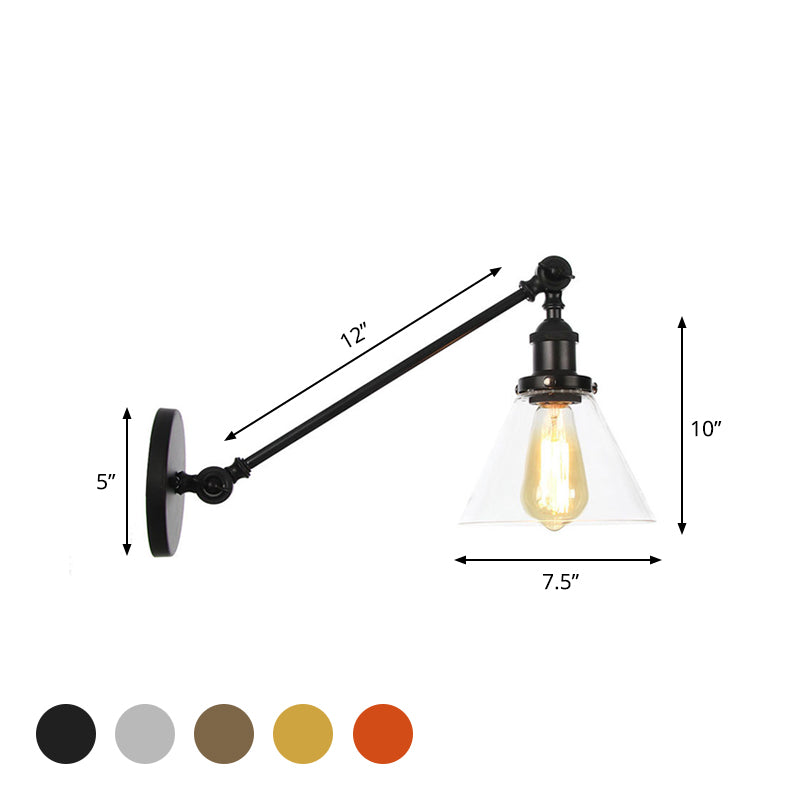 Industrial Conical Sconce Light 1 Light Clear Glass Lighting Fixture in Black/Bronze/Brass, 8"/12" L Arm Clearhalo 'Art deco wall lights' 'Cast Iron' 'Glass' 'Industrial wall lights' 'Industrial' 'Middle century wall lights' 'Modern' 'Rustic wall lights' 'Tiffany' 'Traditional wall lights' 'Wall Lamps & Sconces' 'Wall Lights' Lighting' 521026