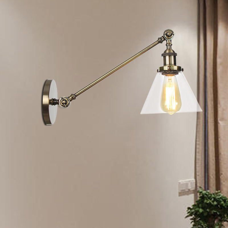 Industrial Conical Sconce Light 1 Light Clear Glass Lighting Fixture in Black/Bronze/Brass, 8"/12" L Arm Bronze Clearhalo 'Art deco wall lights' 'Cast Iron' 'Glass' 'Industrial wall lights' 'Industrial' 'Middle century wall lights' 'Modern' 'Rustic wall lights' 'Tiffany' 'Traditional wall lights' 'Wall Lamps & Sconces' 'Wall Lights' Lighting' 521027