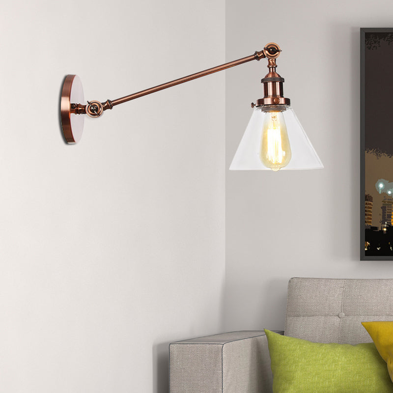 Industrial Conical Sconce Light 1 Light Clear Glass Lighting Fixture in Black/Bronze/Brass, 8"/12" L Arm Clearhalo 'Art deco wall lights' 'Cast Iron' 'Glass' 'Industrial wall lights' 'Industrial' 'Middle century wall lights' 'Modern' 'Rustic wall lights' 'Tiffany' 'Traditional wall lights' 'Wall Lamps & Sconces' 'Wall Lights' Lighting' 521030