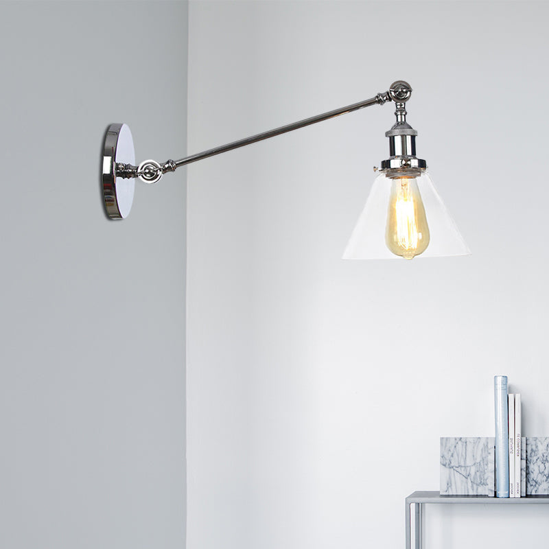 Industrial Conical Sconce Light 1 Light Clear Glass Lighting Fixture in Black/Bronze/Brass, 8"/12" L Arm Chrome Clearhalo 'Art deco wall lights' 'Cast Iron' 'Glass' 'Industrial wall lights' 'Industrial' 'Middle century wall lights' 'Modern' 'Rustic wall lights' 'Tiffany' 'Traditional wall lights' 'Wall Lamps & Sconces' 'Wall Lights' Lighting' 521033