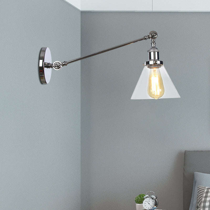 Industrial Conical Sconce Light 1 Light Clear Glass Lighting Fixture in Black/Bronze/Brass, 8"/12" L Arm Clearhalo 'Art deco wall lights' 'Cast Iron' 'Glass' 'Industrial wall lights' 'Industrial' 'Middle century wall lights' 'Modern' 'Rustic wall lights' 'Tiffany' 'Traditional wall lights' 'Wall Lamps & Sconces' 'Wall Lights' Lighting' 521034