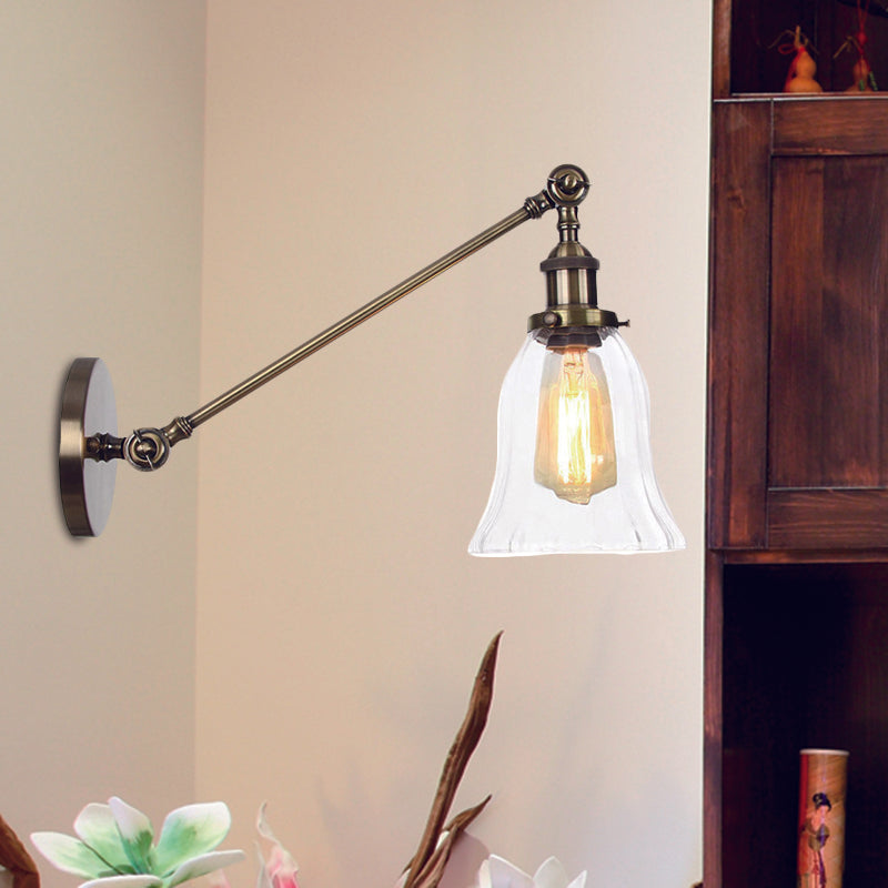 Black/Bronze/Brass 1 Light Wall Lighting Fixture Vintage Clear Glass Bell Sconce with Arm, 8"/12" Long Bronze Clearhalo 'Art deco wall lights' 'Cast Iron' 'Glass' 'Industrial wall lights' 'Industrial' 'Middle century wall lights' 'Modern' 'Rustic wall lights' 'Tiffany' 'Traditional wall lights' 'Wall Lamps & Sconces' 'Wall Lights' Lighting' 521045
