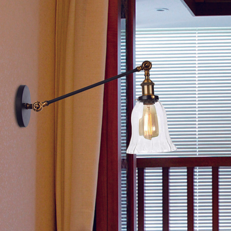 Black/Bronze/Brass 1 Light Wall Lighting Fixture Vintage Clear Glass Bell Sconce with Arm, 8"/12" Long Clearhalo 'Art deco wall lights' 'Cast Iron' 'Glass' 'Industrial wall lights' 'Industrial' 'Middle century wall lights' 'Modern' 'Rustic wall lights' 'Tiffany' 'Traditional wall lights' 'Wall Lamps & Sconces' 'Wall Lights' Lighting' 521054