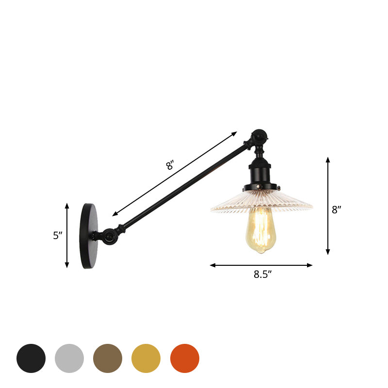 Clear Ribbed Glass Bronze/Brass/Copper Wall Mounted Lamp Saucer 1 Light Vintage Lighting Fixture, 8"/12" L Arm Clearhalo 'Art deco wall lights' 'Cast Iron' 'Glass' 'Industrial wall lights' 'Industrial' 'Middle century wall lights' 'Modern' 'Rustic wall lights' 'Tiffany' 'Traditional wall lights' 'Wall Lamps & Sconces' 'Wall Lights' Lighting' 521060