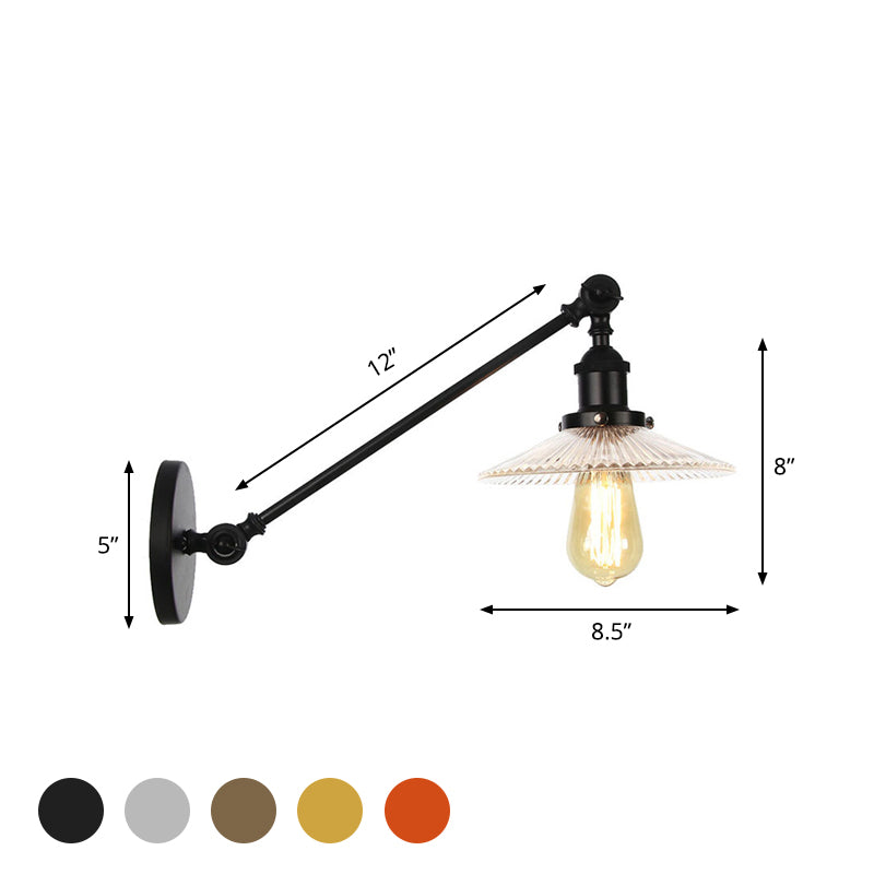 Clear Ribbed Glass Bronze/Brass/Copper Wall Mounted Lamp Saucer 1 Light Vintage Lighting Fixture, 8"/12" L Arm Clearhalo 'Art deco wall lights' 'Cast Iron' 'Glass' 'Industrial wall lights' 'Industrial' 'Middle century wall lights' 'Modern' 'Rustic wall lights' 'Tiffany' 'Traditional wall lights' 'Wall Lamps & Sconces' 'Wall Lights' Lighting' 521061