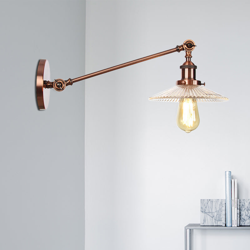 Clear Ribbed Glass Bronze/Brass/Copper Wall Mounted Lamp Saucer 1 Light Vintage Lighting Fixture, 8"/12" L Arm Copper Clearhalo 'Art deco wall lights' 'Cast Iron' 'Glass' 'Industrial wall lights' 'Industrial' 'Middle century wall lights' 'Modern' 'Rustic wall lights' 'Tiffany' 'Traditional wall lights' 'Wall Lamps & Sconces' 'Wall Lights' Lighting' 521064