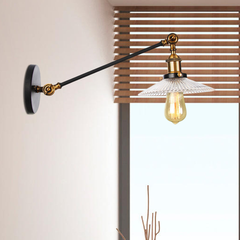 Clear Ribbed Glass Bronze/Brass/Copper Wall Mounted Lamp Saucer 1 Light Vintage Lighting Fixture, 8"/12" L Arm Brass Clearhalo 'Art deco wall lights' 'Cast Iron' 'Glass' 'Industrial wall lights' 'Industrial' 'Middle century wall lights' 'Modern' 'Rustic wall lights' 'Tiffany' 'Traditional wall lights' 'Wall Lamps & Sconces' 'Wall Lights' Lighting' 521066