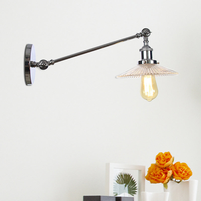 Clear Ribbed Glass Bronze/Brass/Copper Wall Mounted Lamp Saucer 1 Light Vintage Lighting Fixture, 8"/12" L Arm Chrome Clearhalo 'Art deco wall lights' 'Cast Iron' 'Glass' 'Industrial wall lights' 'Industrial' 'Middle century wall lights' 'Modern' 'Rustic wall lights' 'Tiffany' 'Traditional wall lights' 'Wall Lamps & Sconces' 'Wall Lights' Lighting' 521068